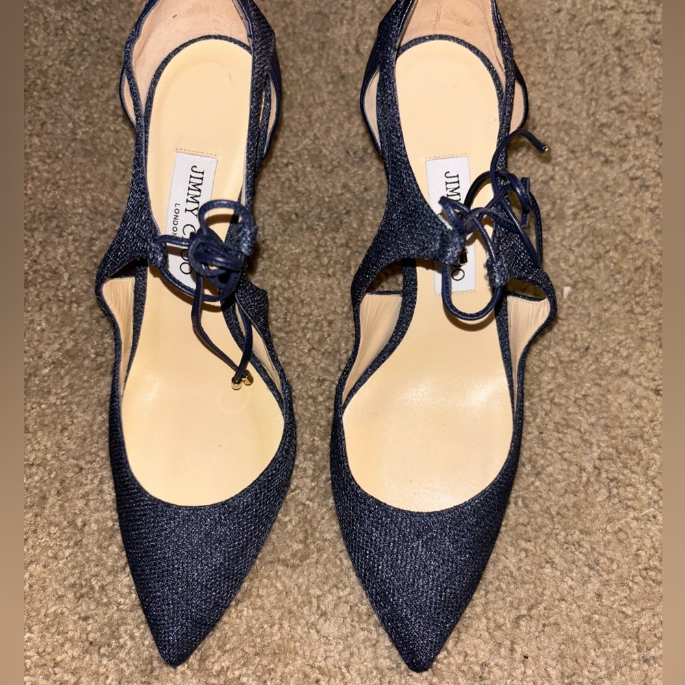 Jimmy Choo Women’s Vanessa Lace-Up Point Toe Pump Navy Leather Denim Heel 38 1/2 - Picture 3 of 3